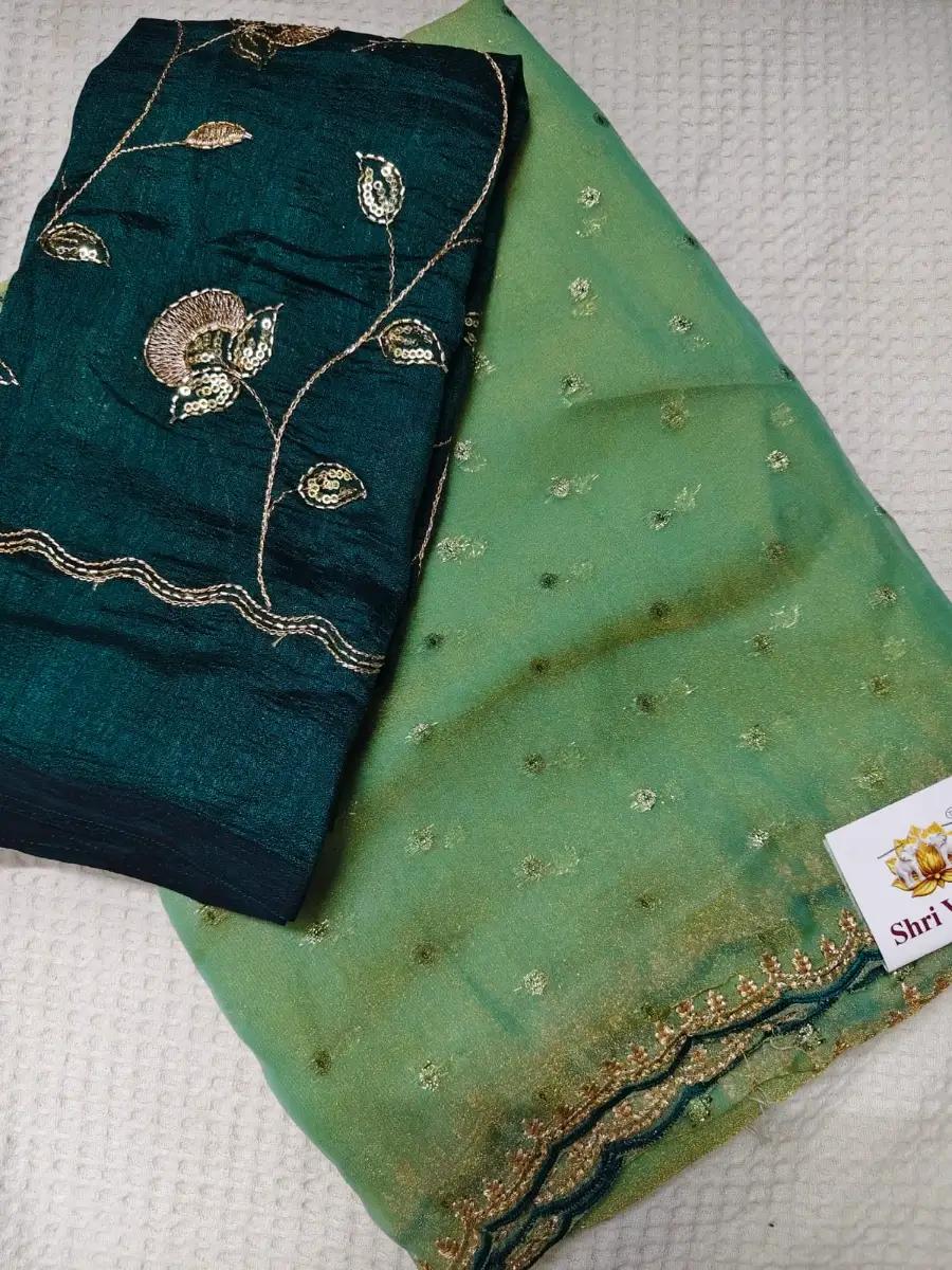 Work saree space silk - Sea green