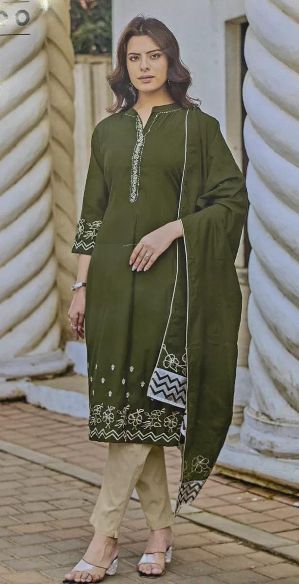 Green colored 3 piece kurti set - Green