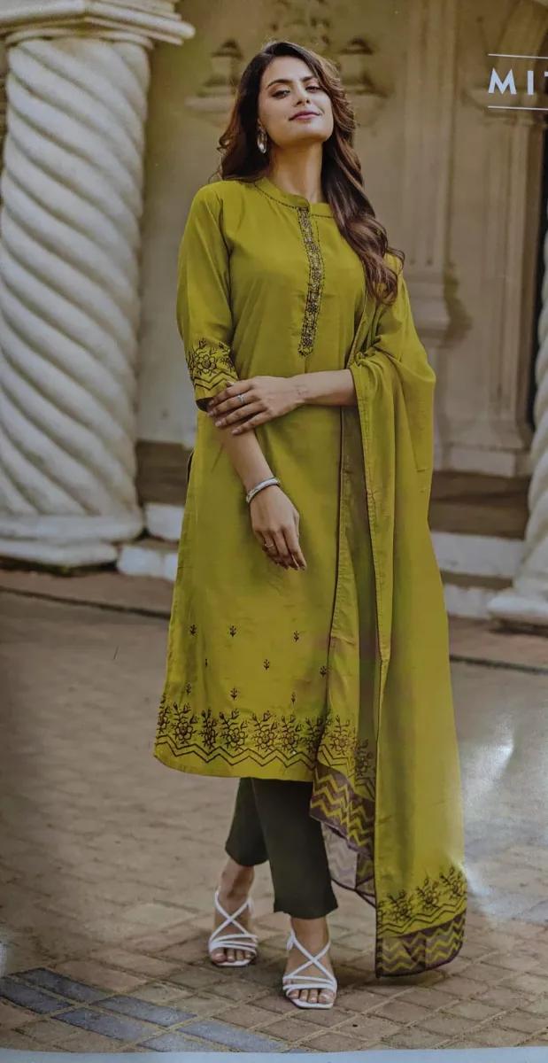 Mehendi Yellow 3 piece kurti set - Yellow