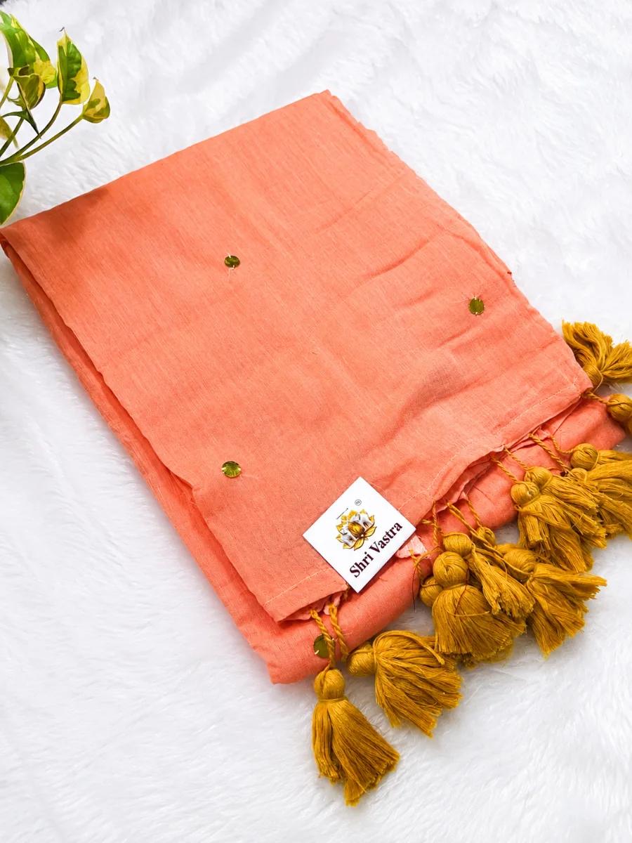 Peach color mul mul cotton saree - Peach